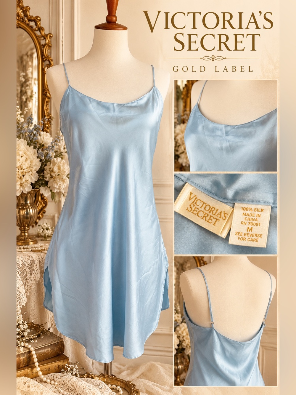 100% Silk Vintage Victoria’s Secret Gold Label size Medium Blue